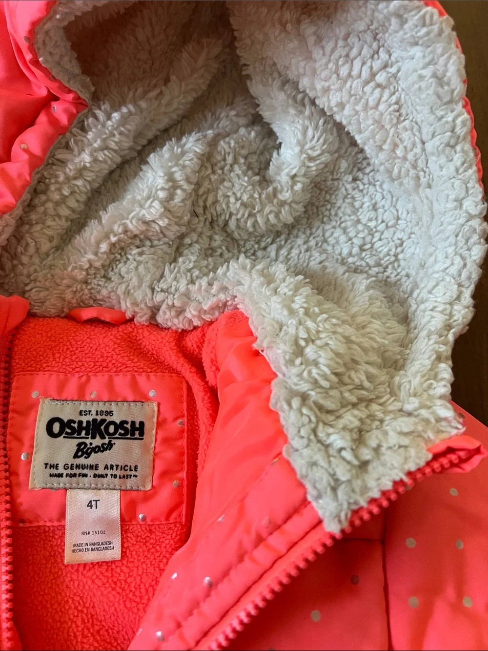 Kids Hooded Puffer Jacket in Coral  with Dots
